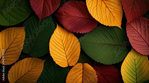 Close-up pattern of autumn leaves in diverse shades, with a focus on the richly textured edges and varying colors of green, yellow, and red