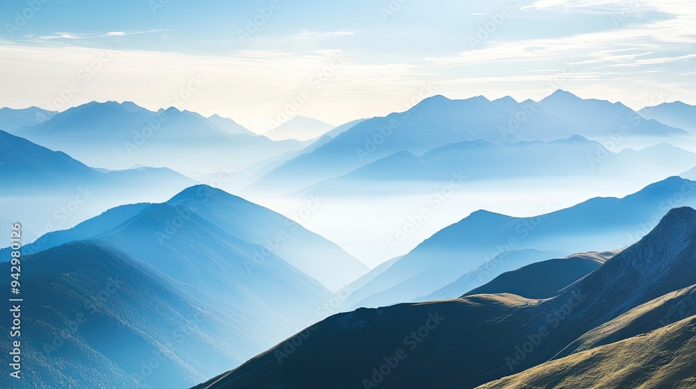 Fototapeta premium Expansive mountain range under a bright, clear sky, with dramatic light and shadows