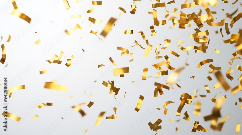 Delicate golden confetti drifting down against a bright white backdrop, creating a festive atmosphere of celebration Delicate golden confetti drifting down against a bright white backdrop, creating a festive atmosphere of celebration
