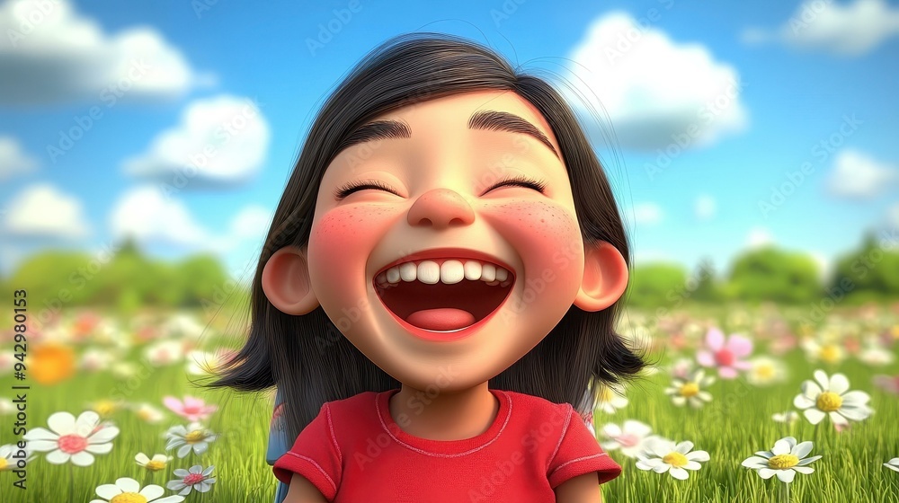 A joyful young girl giggles in a vibrant park, her laughter filling the air amidst colorful flowers and lush greenery. A joyful young girl giggles in a vibrant park, her laughter filling the air amidst colorful flowers and lush greenery.