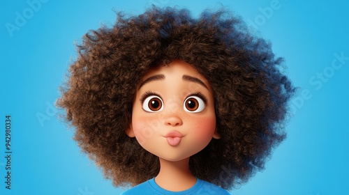 A charming 3D character with a joyful expression and a playful kissing mouth, bringing diversity to the scene. photo