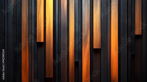 A modern architectural design featuring abstract wooden slats of varying depths on a dark backdrop, emphasizing texture and depth photo