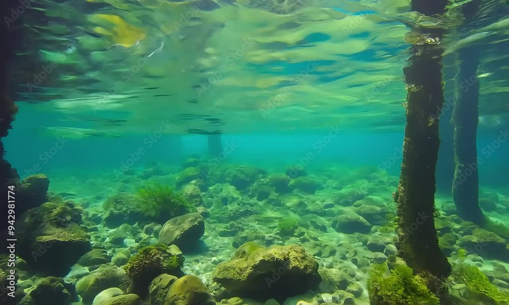 Underwater scene with rocks and wooden pillars, showcasing aquatic life and natural beauty. Underwater scene with rocks and wooden pillars, showcasing aquatic life and natural beauty.