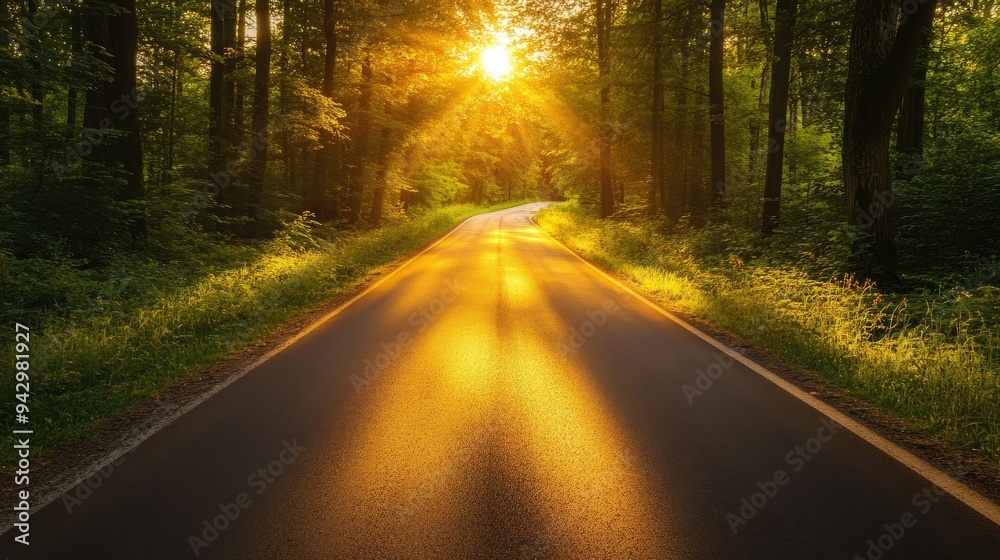 Fototapeta premium Golden sunrise casting warm light on a peaceful road cutting through a lush forest