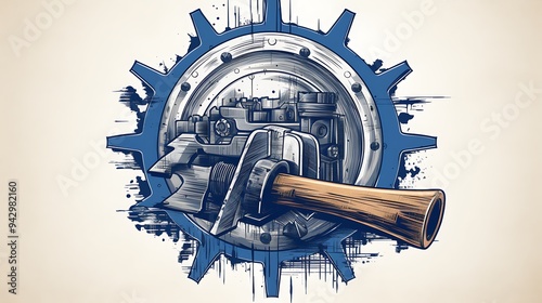 A versatile construction site logo with a blueprint, hammer, and gear