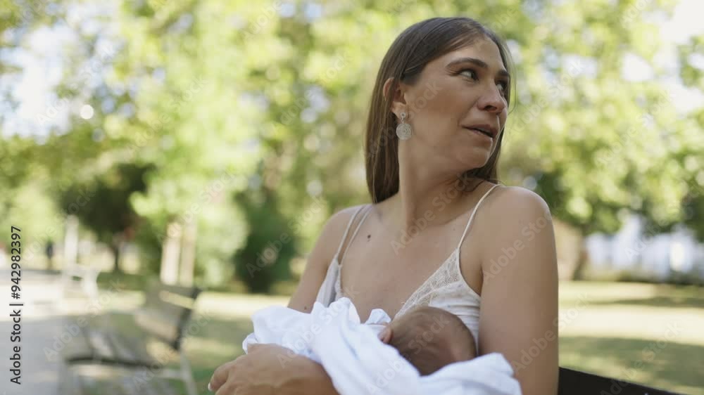 Mother breastfeeding and talking in the park Mother breastfeeding and talking in the park