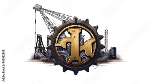 A versatile construction site logo featuring a gear and a construction crane