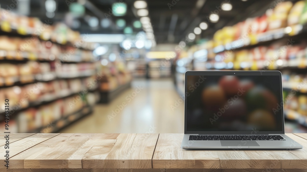 Laptop on a wooden table with a supermarket aisle in the background, representing online grocery shopping or e-commerce. Laptop on a wooden table with a supermarket aisle in the background, representing online grocery shopping or e-commerce.