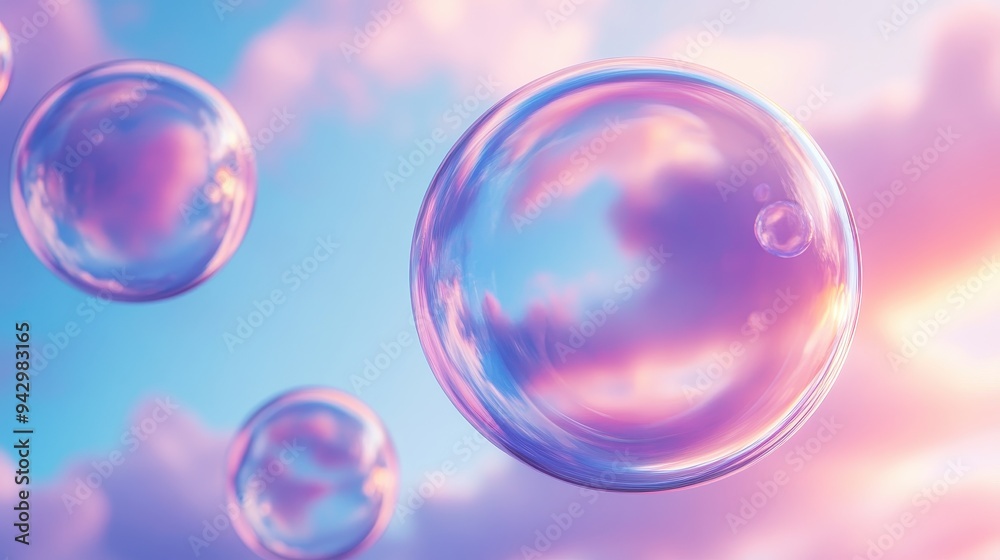 Three bubbles of different sizes floating in the sky. The sky is blue with a few clouds. The bubbles are all different colors, but they all have a similar shape. Scene is light and playful Three bubbles of different sizes floating in the sky. The sky is blue with a few clouds. The bubbles are all different colors, but they all have a similar shape. Scene is light and playful