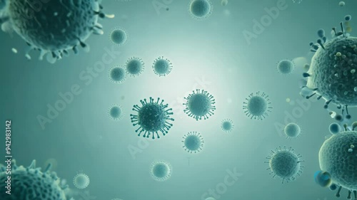 Close-up of a virus replicating inside a host cell, with soft light diffusing over the scene of the violent replication process. photo