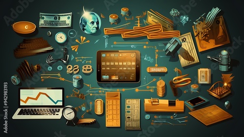 A vibrant vector illustration of a big set of business and accounting icons in a contemporary style, featuring banknotes, graphs, and office supplies