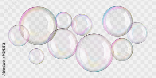 Soap bubbles float 3D on white background. Glossy translucent rainbow-colored spheres flare in air. Light glowing bath foam, carbonated frothy fizz drinks, and magic ball luxury glass effect.