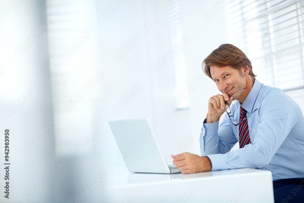 Portrait, smile and businessman with laptop in office for investment, research or online economy news. Financial advisor, happy and technology for foreign exchange, stock report or share price update Portrait, smile and businessman with laptop in office for investment, research or online economy news. Financial advisor, happy and technology for foreign exchange, stock report or share price update