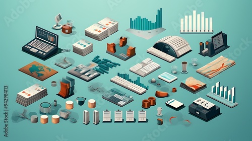 An extensive vector collection of business and accounting icons in a trendy style, featuring computers, financial reports, and currency symbols