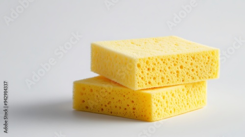 Two yellow cleaning sponges stacked on top of each other on a white background.