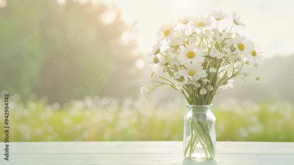 A vase of white flowers sits on a table in a field. The flowers are in full bloom and the vase is clear, allowing the beauty of the flowers to be the main focus A vase of white flowers sits on a table in a field. The flowers are in full bloom and the vase is clear, allowing the beauty of the flowers to be the main focus