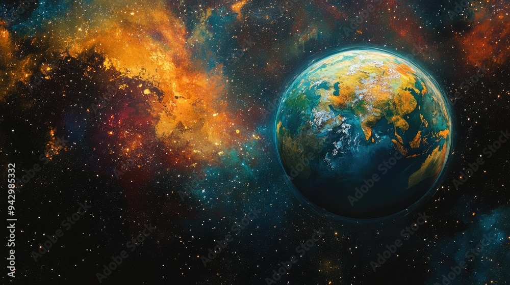 Naklejka premium Starry skies envelop the planet Earth, with the globe's vibrant colors standing out against the infinite blackness of space.