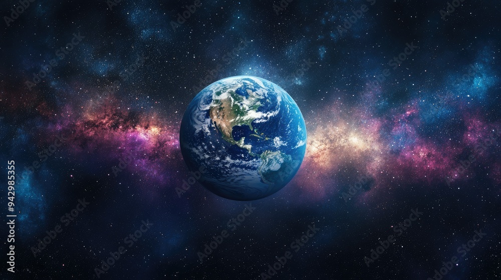 Starry skies envelop the planet Earth, with the globe's vibrant colors standing out against the infinite blackness of space. Starry skies envelop the planet Earth, with the globe's vibrant colors standing out against the infinite blackness of space.