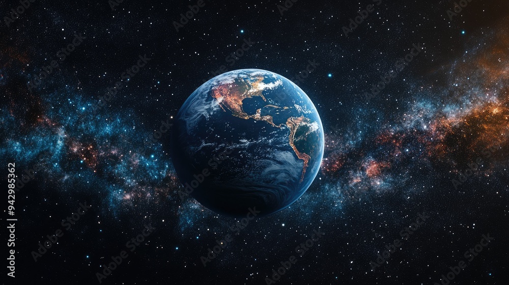 Obraz premium Starry skies envelop the planet Earth, with the globe's vibrant colors standing out against the infinite blackness of space.