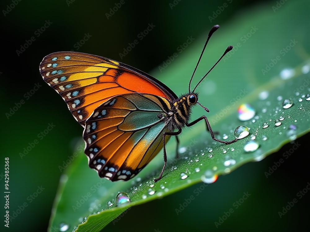 A close-up of a vibrant butterfly resting on a dewy leaf, with its wings fully open to display intricate patterns and color A close-up of a vibrant butterfly resting on a dewy leaf, with its wings fully open to display intricate patterns and color
