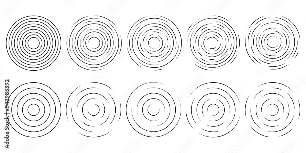 Set of circular ripple icons. Concentric circles with broken lines isolated on white background. Vortex, sonar wave, soundwave, sunburst, signal signs. Vector graphic illustration Set of circular ripple icons. Concentric circles with broken lines isolated on white background. Vortex, sonar wave, soundwave, sunburst, signal signs. Vector graphic illustration