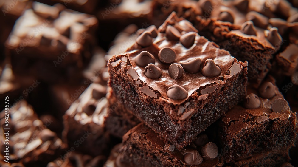 A close-up of chocolate brownies stacked high, with chocolate chips scattered on top, against a clean background.