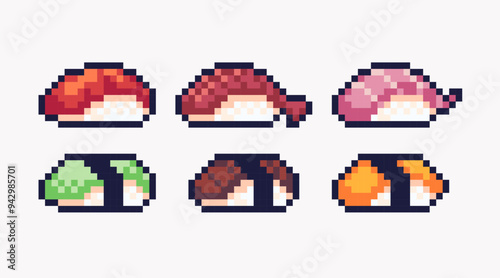 Sashimi, sushi pixel art set. Japanese food, rice and fish meal collection. Asian cuisine 8 bit. Game development, mobile app. Isolated vector illustration. 