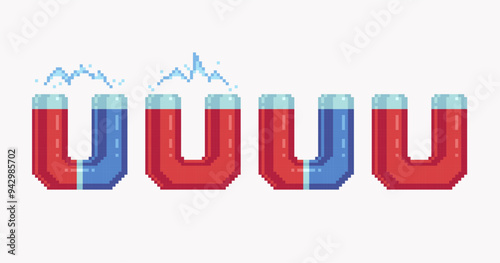 Red and blue magnet pixel art set. Magnetic, electrical power, field collection. 8 bit. Game development, mobile app. Isolated vector illustration. 