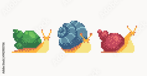 Different snails pixel art set. Colorful shells, slug collection. 8 bit. Game development, mobile app. Isolated vector illustration. 