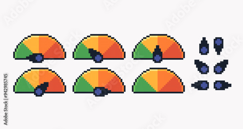 Speedometer pixel art set. Display and arrow collection. Interface indicator 8 bit. Game development, mobile app. Isolated vector illustration. 
