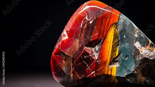Close-up of a single unique stone with striking geometric shapes and vivid hues