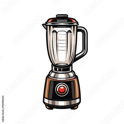 A detailed vector illustration of a modern electric blender with a black base, a silver blender jar, and a red button on the base.