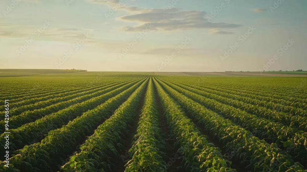 A lush soybean field stretches into the distance, with the sky overhead. A perfect representation of modern farming and agricultural success A lush soybean field stretches into the distance, with the sky overhead. A perfect representation of modern farming and agricultural success