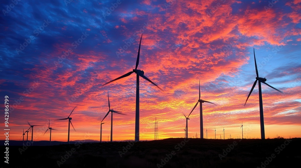 Wind turbines silhouetted against a vibrant sunset, with the sky painted in hues of orange and pink, highlighting renewable energy. Wind turbines silhouetted against a vibrant sunset, with the sky painted in hues of orange and pink, highlighting renewable energy.
