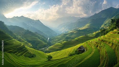 A panoramic view of the terraced rice fields in Mu Cang Chai, Vietnam, with layers of green stretching across the mountainous terrain