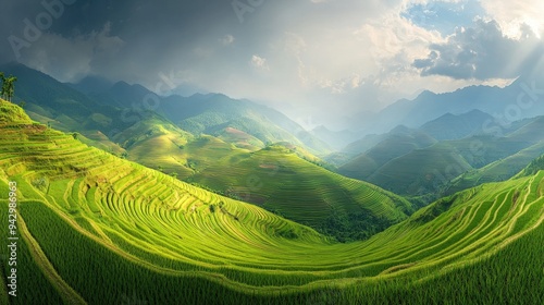 A panoramic view of the terraced rice fields in Mu Cang Chai, Vietnam, with layers of green stretching across the mountainous terrain