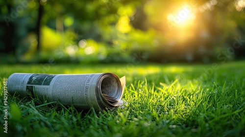 Newspaper Lying on Green Grass Outdoors