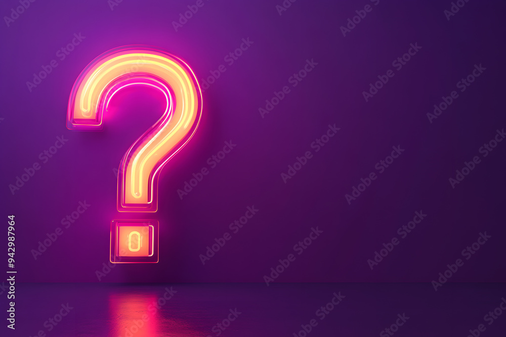 Illuminated Neon Question Mark isolated on Purple Background