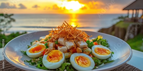 Sunset salad with tofu and fried onions. photo