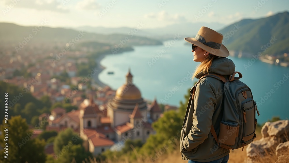 Woman Traveler Looking at a Panoramic View of a Coastal Town Woman Traveler Looking at a Panoramic View of a Coastal Town
