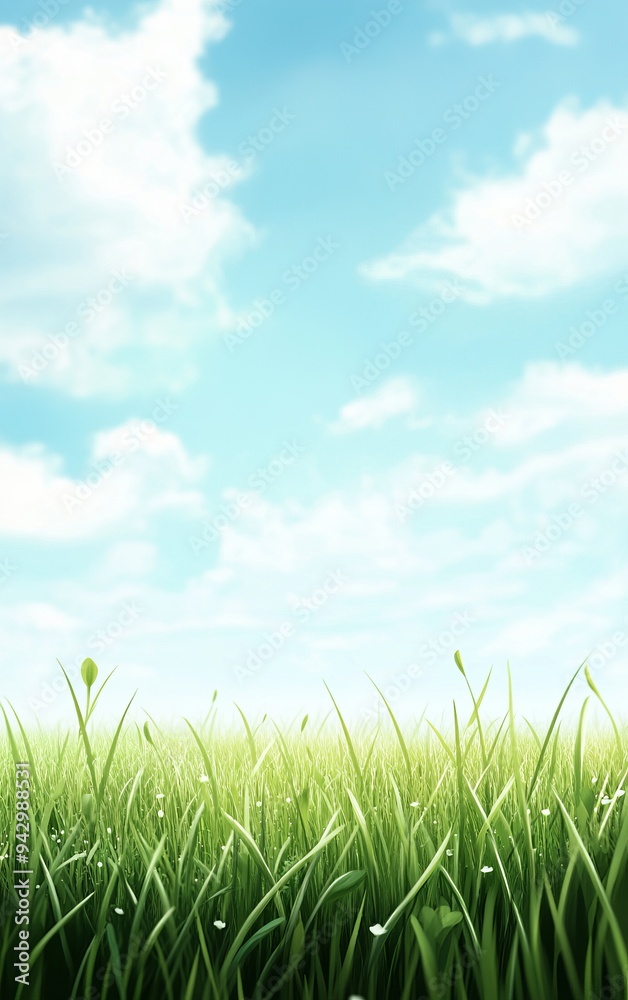 Fototapeta premium Vibrant green grass against a serene blue sky with fluffy clouds, perfect for nature and outdoor-related projects.