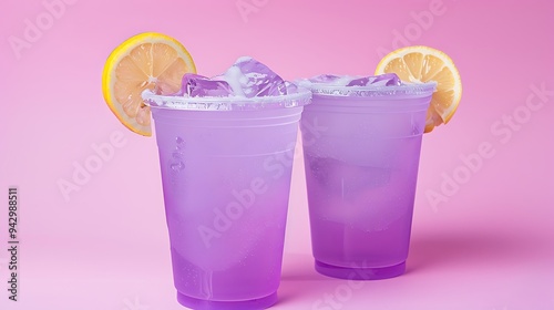 Two purple lemonade cups with a wedge of lemon in them