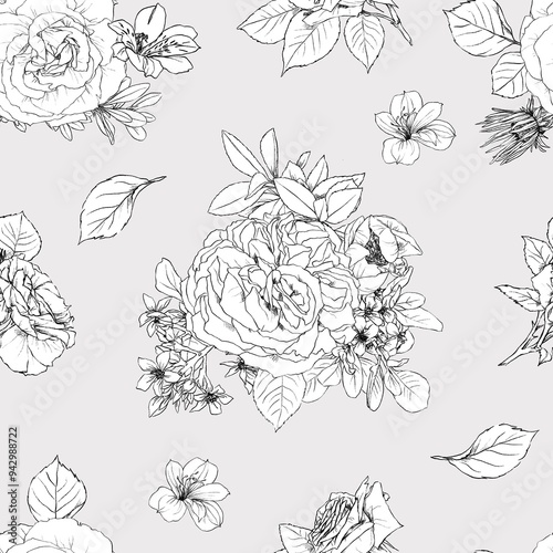 Hand drawn pencil graphic illustration seamless pattern of vintage flowers