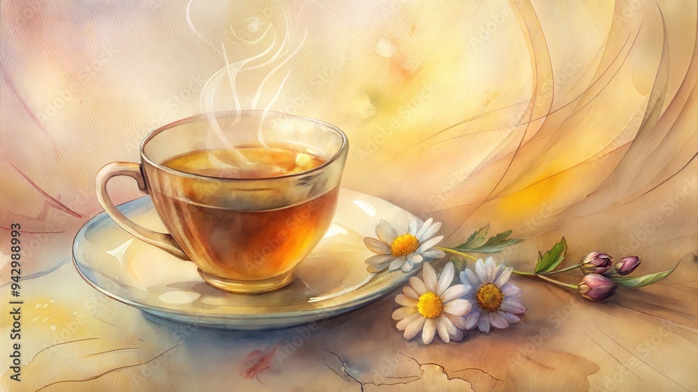 Chamomile Tea Background with a Steaming Cup of Chamomile Tea and Dried Flowers on the Side, Warm and Calming Chamomile Tea Background with a Steaming Cup of Chamomile Tea and Dried Flowers on the Side, Warm and Calming