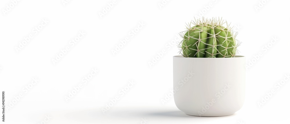A small green cactus is sitting in a white pot. The image has a calm and peaceful mood, as the cactus is the only object in the scene A small green cactus is sitting in a white pot. The image has a calm and peaceful mood, as the cactus is the only object in the scene