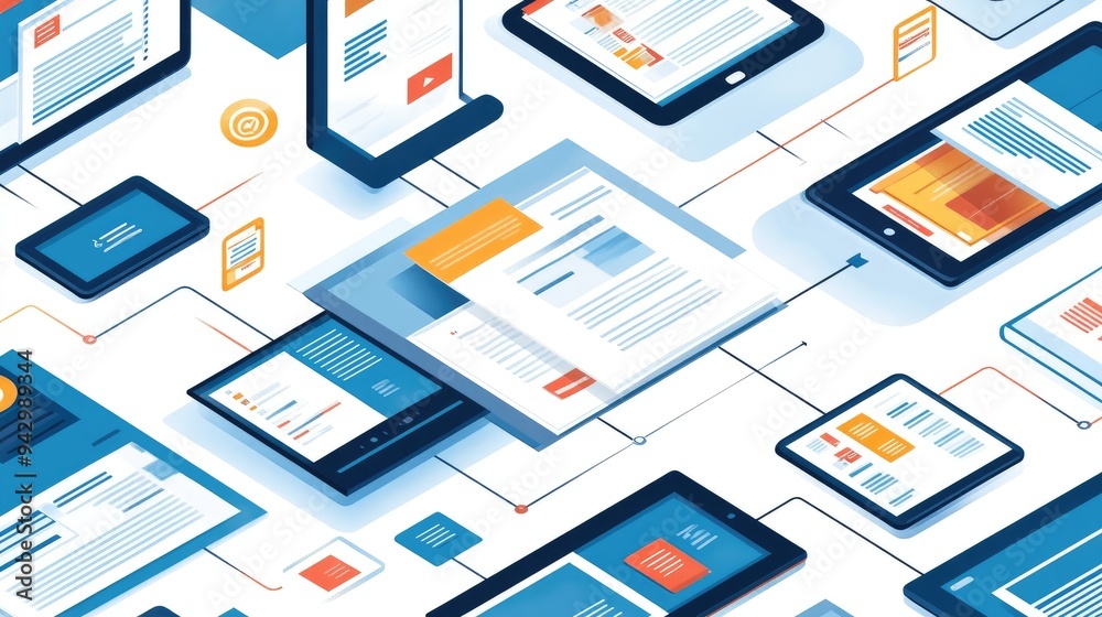 Digital documents on various electronic devices on white background. Digital documents on various electronic devices on white background.
