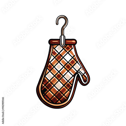 Generate a realistic vector illustration of an oven mitt hanging on a hook. The mitt should have a checkered pattern in shades of brown and white.