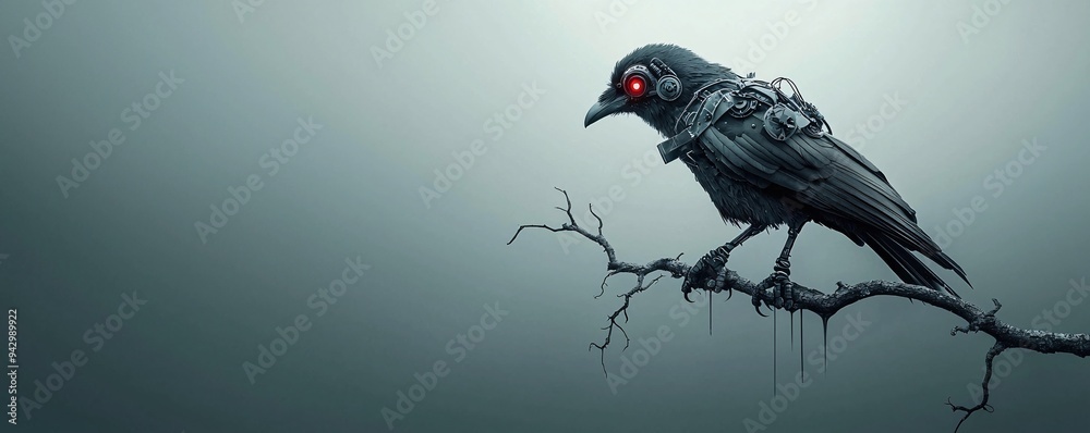 Fototapeta premium A steampunk crow with mechanical wings and glowing red eyes perched on a twisted branch, silhouetted against a Halloween night sky with ample copy space.