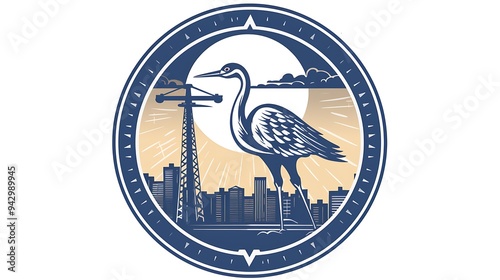 Professional construction icon featuring a crane and hammer, with the company name in English