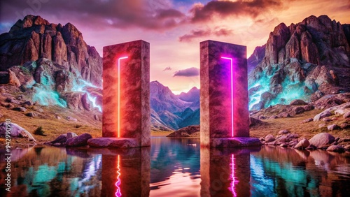 Two massive stone pillars, glowing with opposing neon lightstone in vibrant red, the other in electric blueform a portal at the center of a dark, alien mountain range. The light reflections create a photo